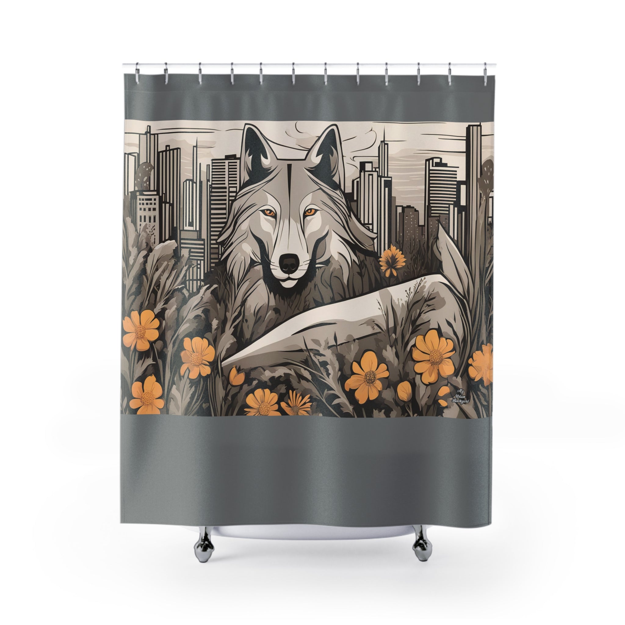 Grey Shower Curtain with Art Deco Urban Wolf - 71" x 74"