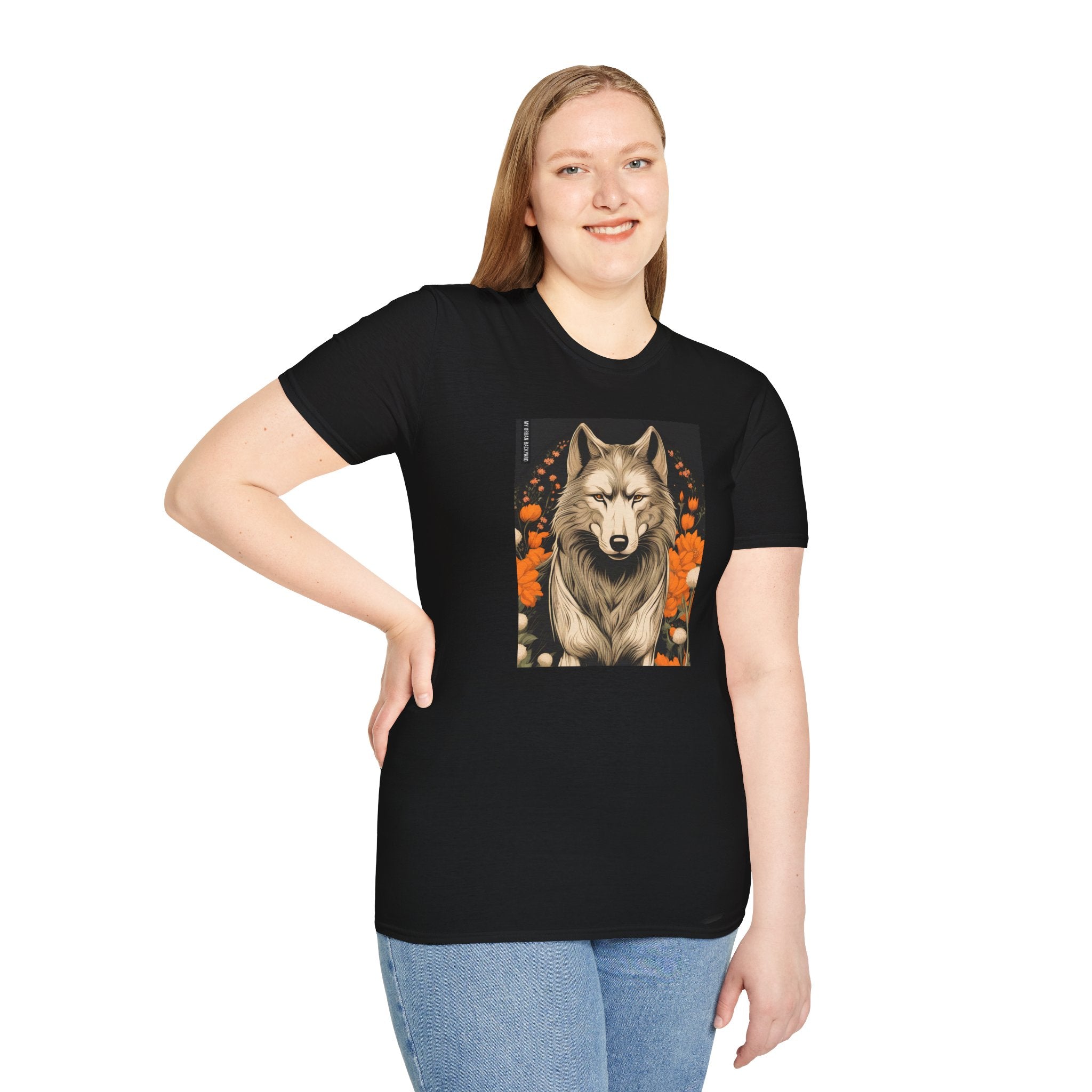 Wolf with Flowers, 100% Cotton T-Shirt