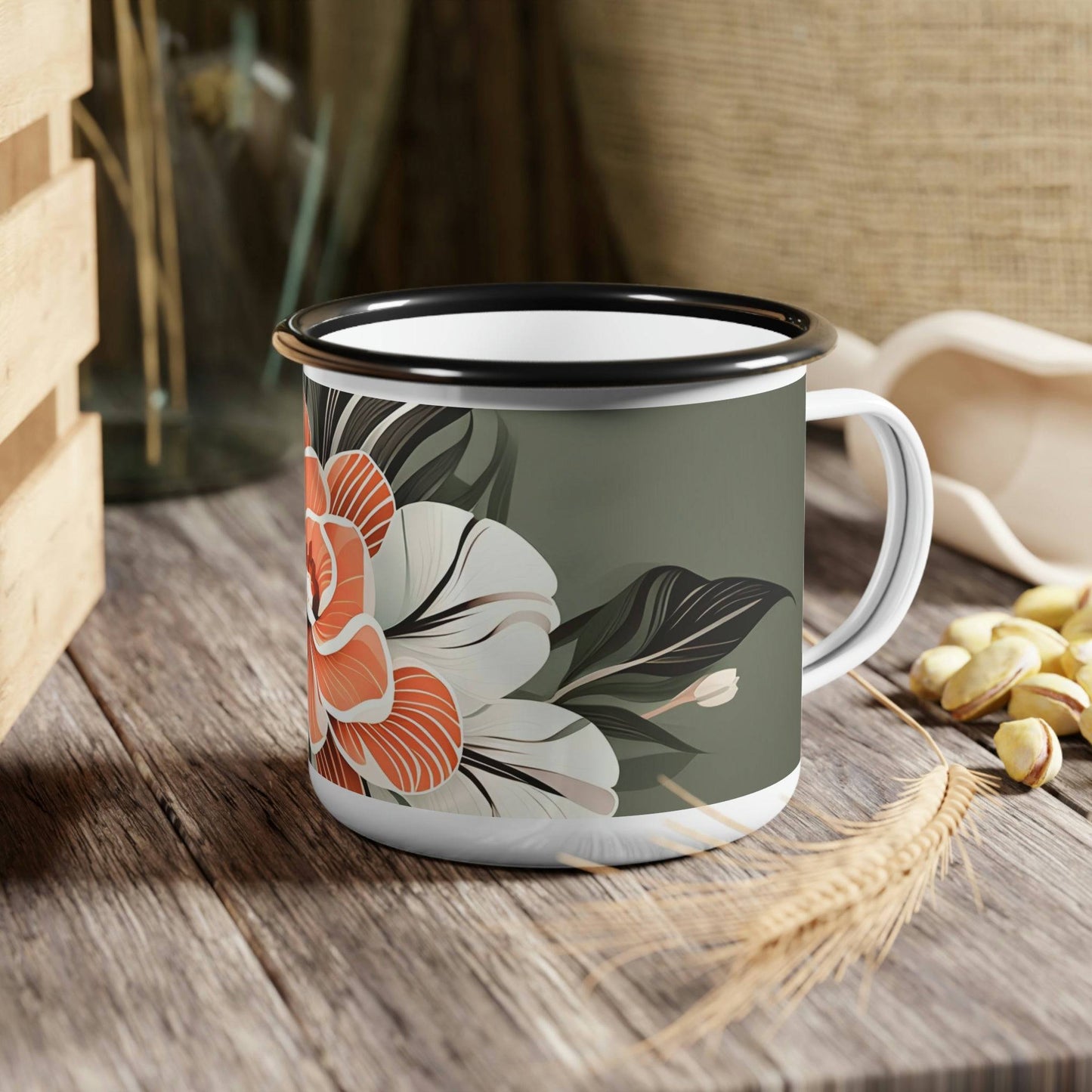 Enamel Camping Mug for Coffee, Tea, Hot Cocoa, Cereal, 12oz, Art Deco Flower
