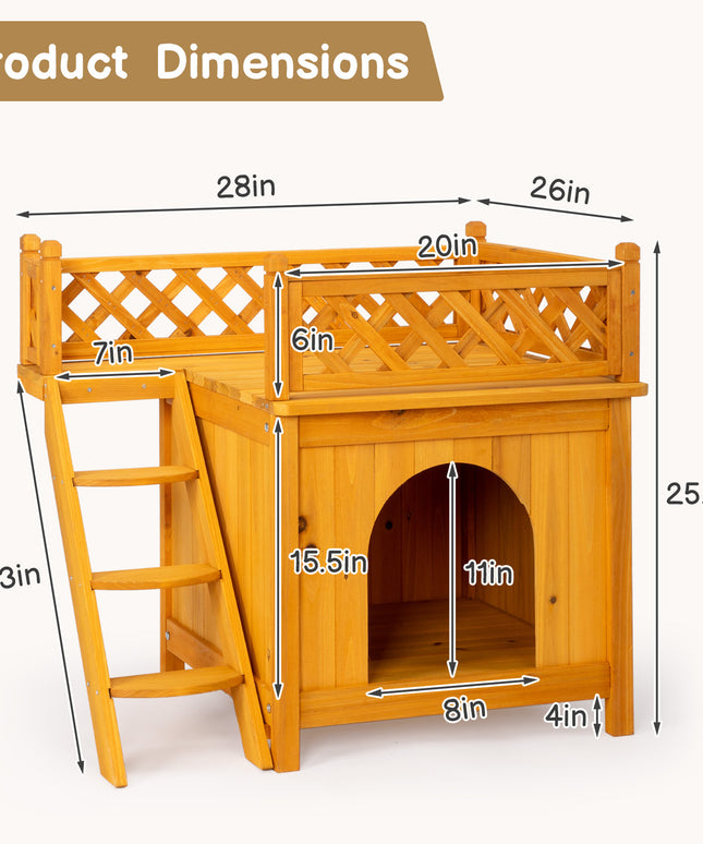 2-Story Outdoor Cat House, Wood Shelter with Fence and Staircase, Natural Color