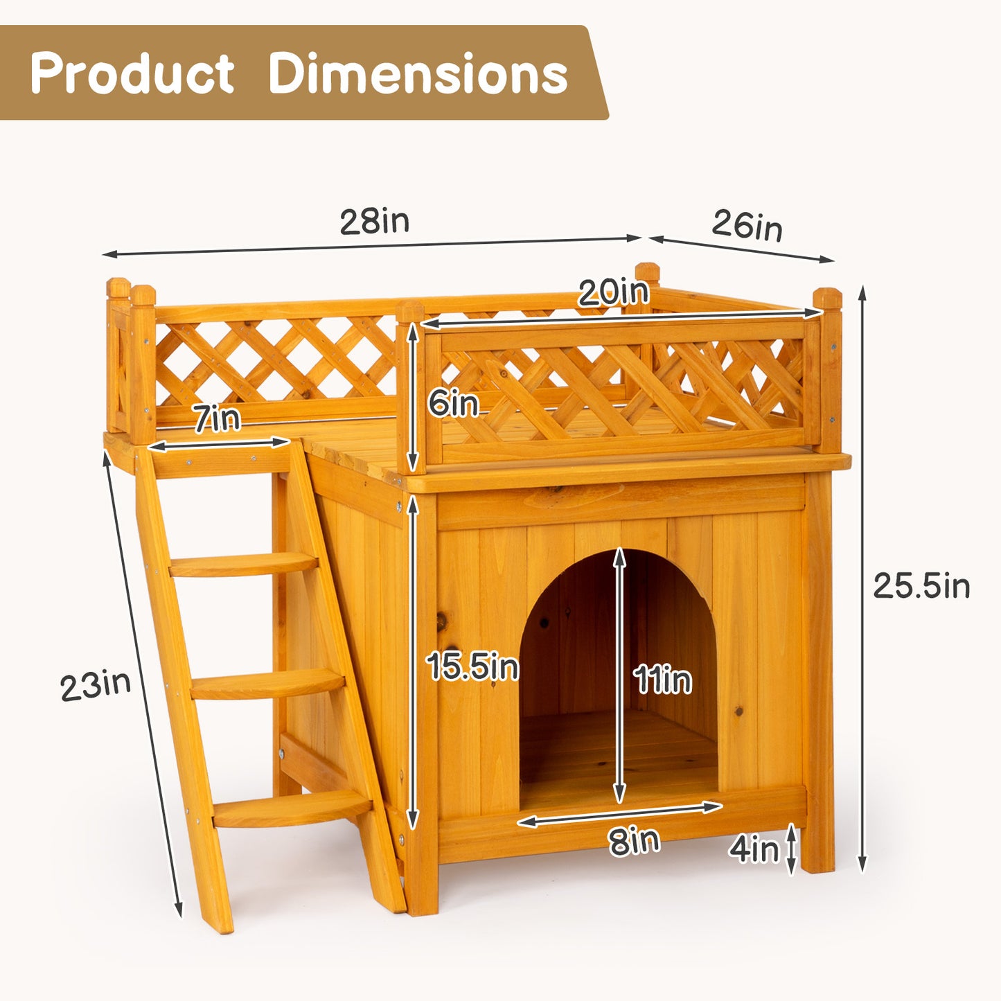 2-Story Outdoor Cat House, Wood Shelter with Fence and Staircase, Natural Color