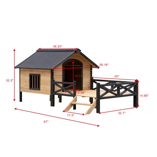 Outdoor Large Cabin Style Wooden Dog House With Porch, Backyard Shelter for Animals