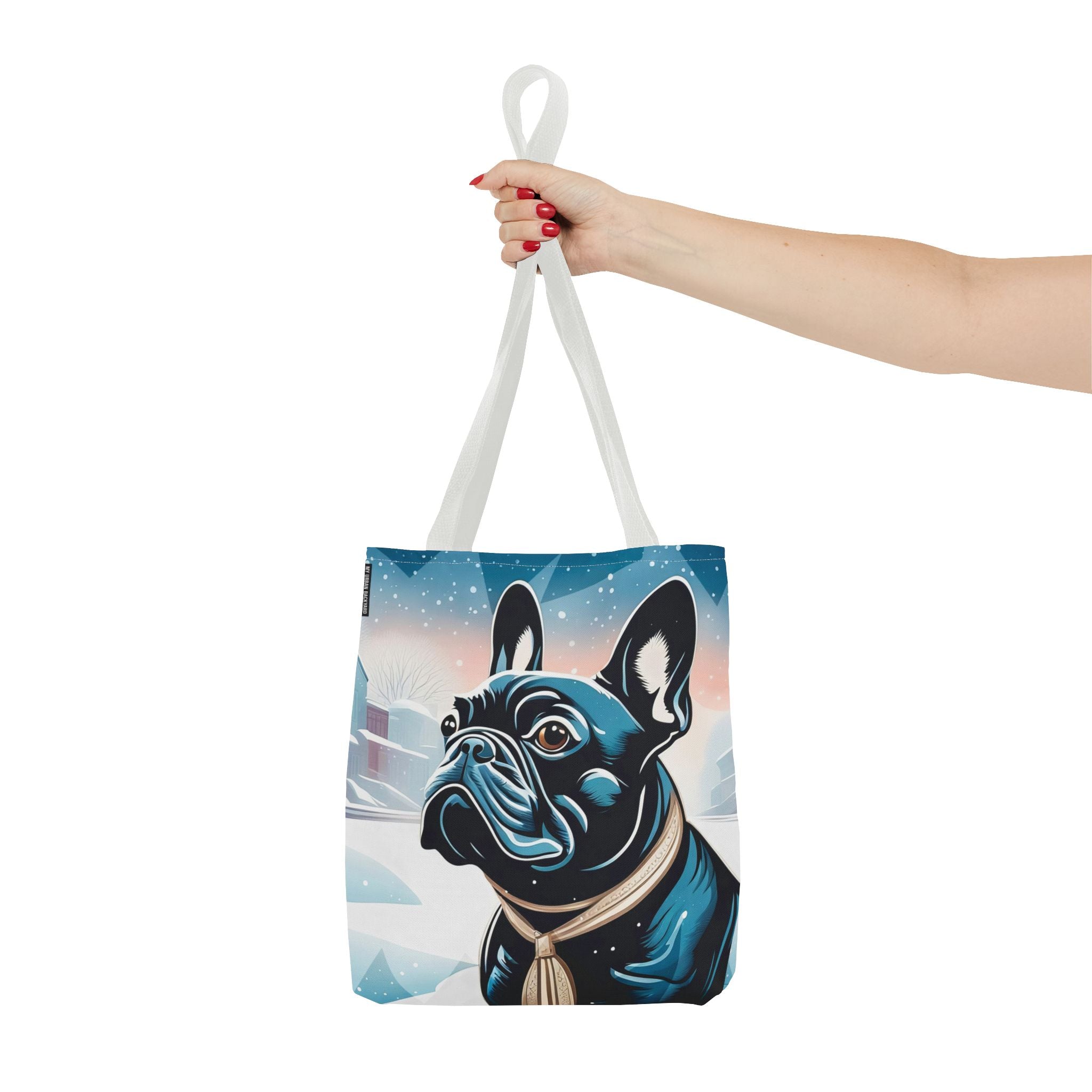 French Bulldog Winter Tote Bag — Snowy Pup All-Over Print Tote