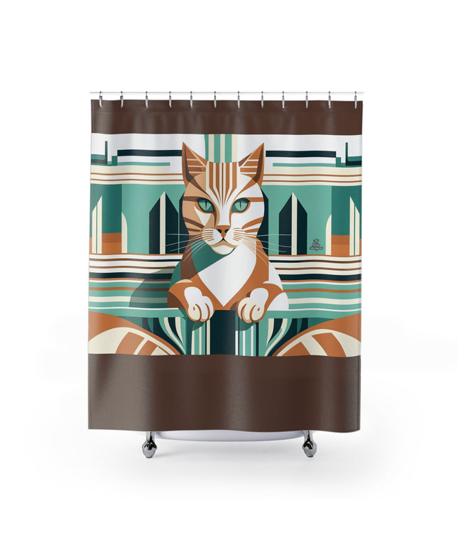 Art Deco Tabby, Shower Curtain, Sable accent color - 71" x 74"