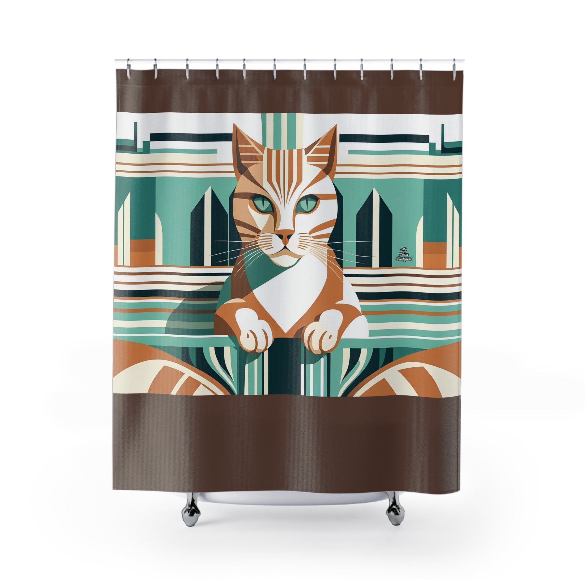 Art Deco Tabby Cat, Shower Curtain, Sable accent color - 71" x 74"