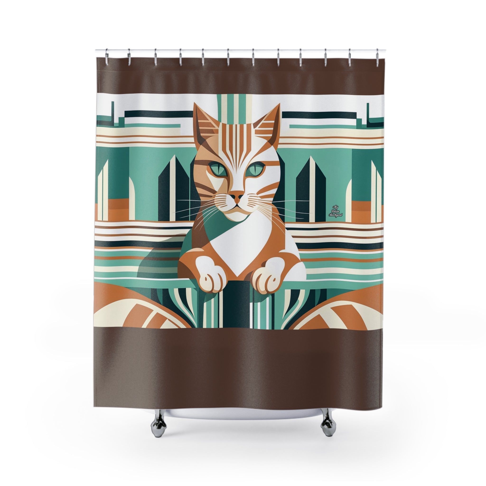 Sable Shower Curtain with Art Deco Tabby Cat - 71" x 74"