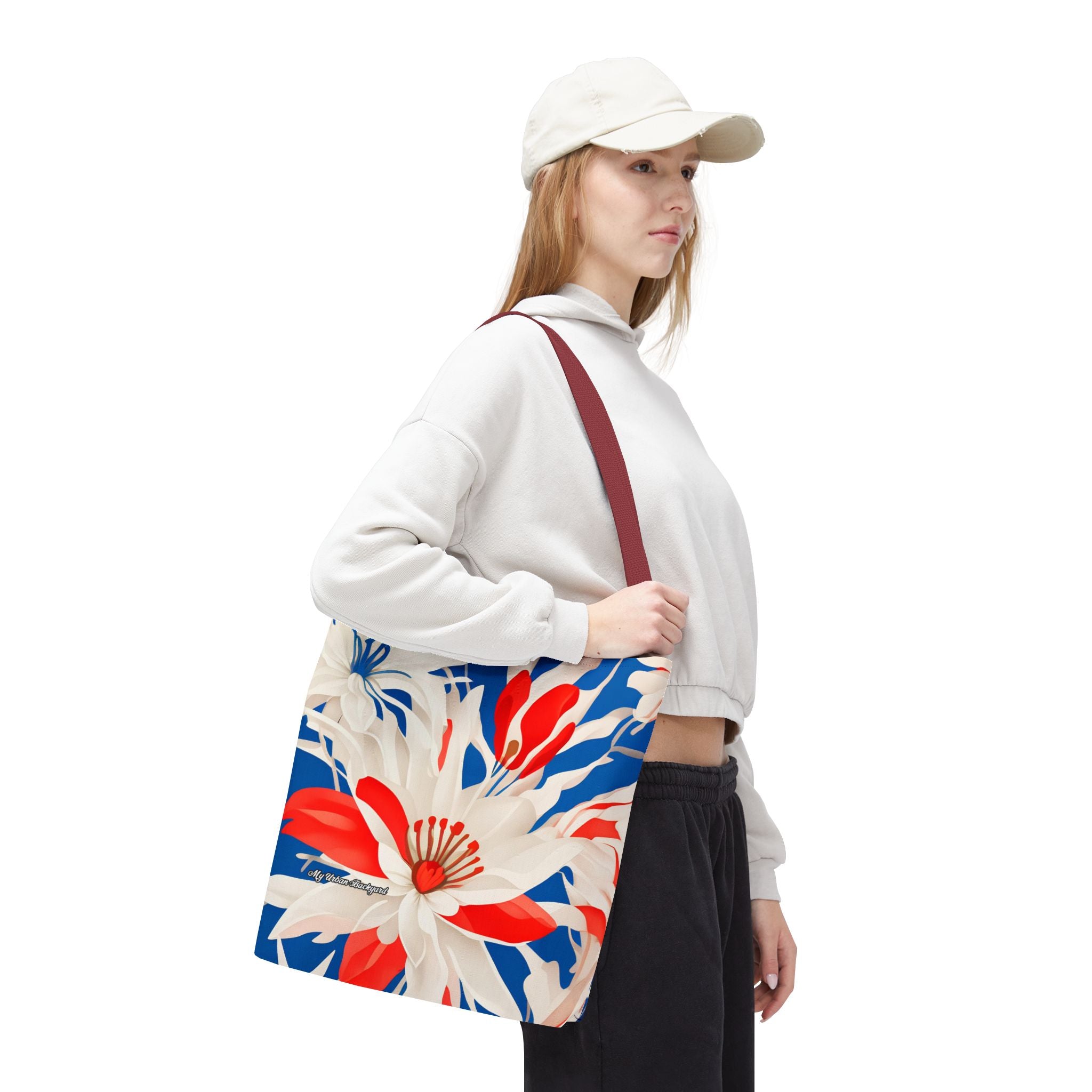 Red White & Blue Flowers Tote Bag with Cotton Handles For Everyday Use, 3 Sizes