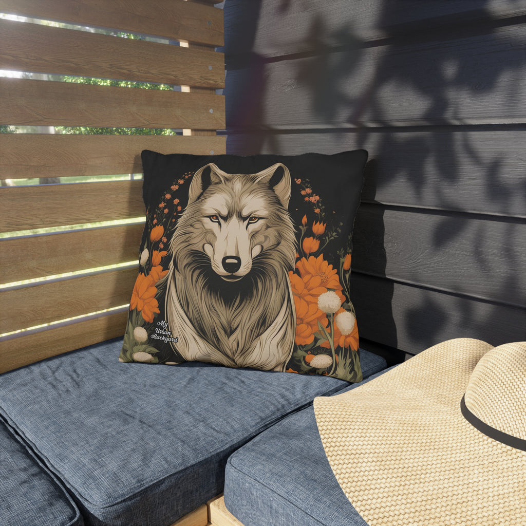 Wolf with Flowers, Taupe accent color, Throw Pillow, Indoor/Outdoor Decor for Home or Office