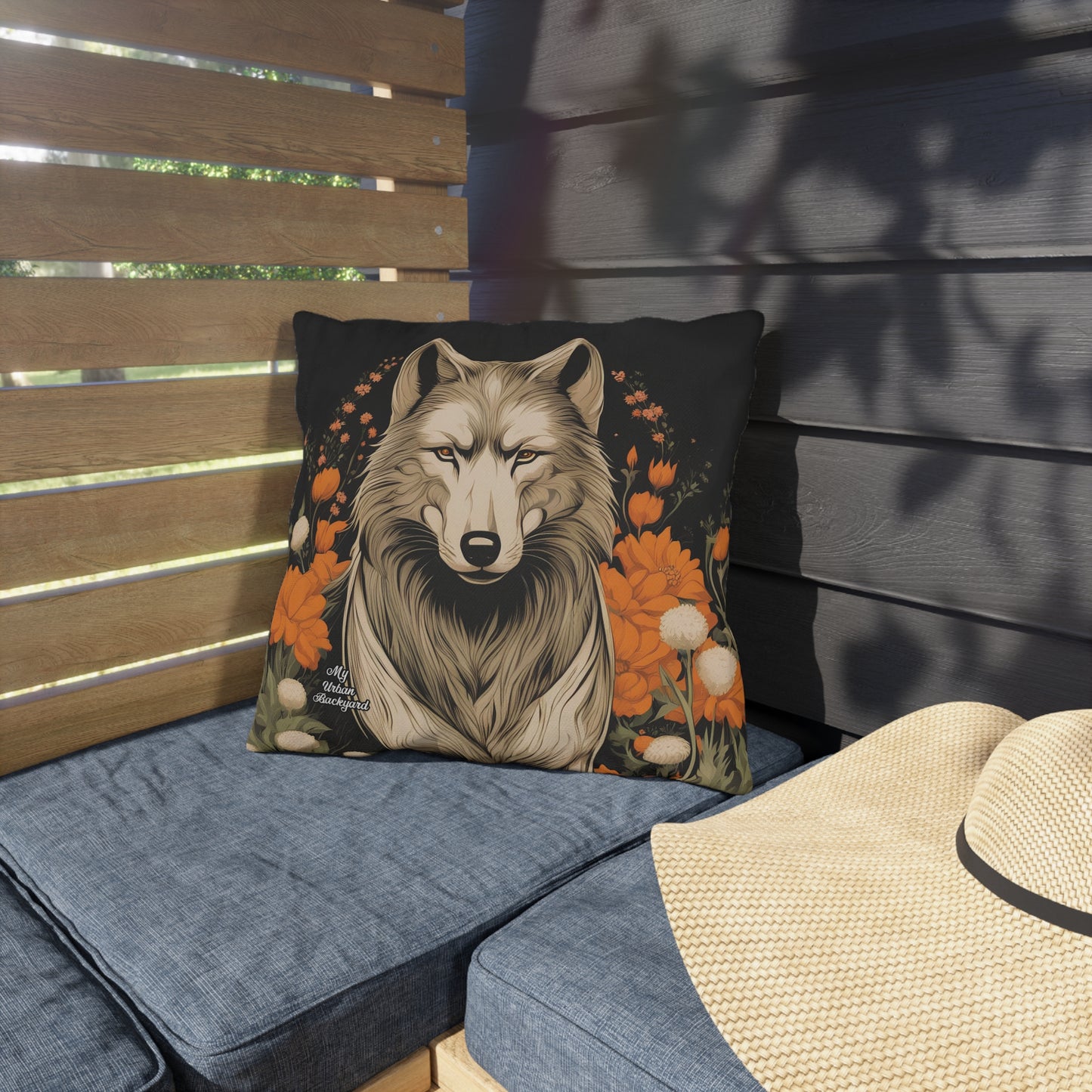 Wolf with Flowers, Taupe accent color, Indoor/Outdoor Throw Pillow Decor for Patio or Office