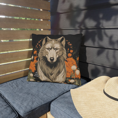 Wolf with Flowers, Taupe accent color, Indoor/Outdoor Throw Pillow Decor for Patio or Office