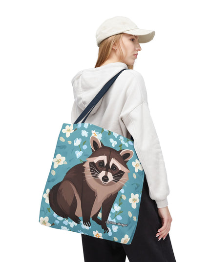 Young Raccoon w Flowers Tote Bag with Cotton Handles For Everyday Use, 3 Sizes
