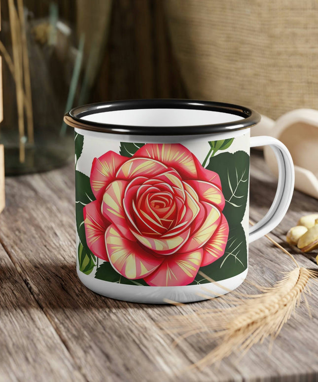 Enamel Camping Mug for Coffee, Tea, Hot Cocoa, Cereal, 12oz, Rose Flower