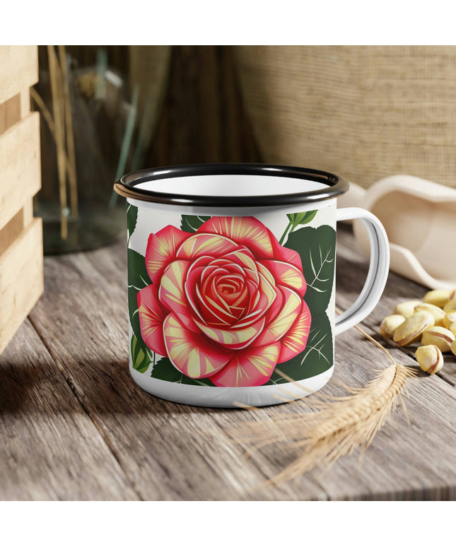 Enamel Camping Mug for Coffee, Tea, Hot Cocoa, Cereal, 12oz, Rose Flower