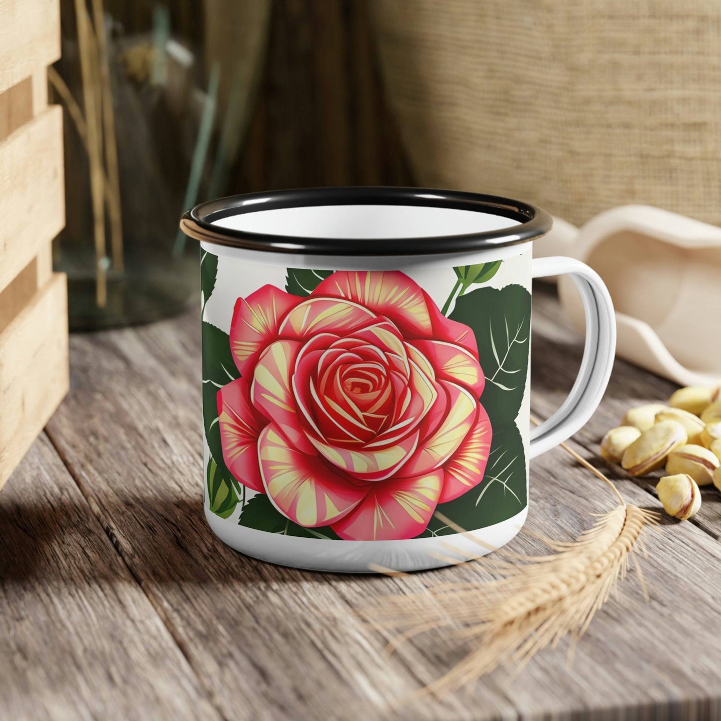 Enamel Camping Mug for Coffee, Tea, Hot Cocoa, Cereal, 12oz, Rose Flower