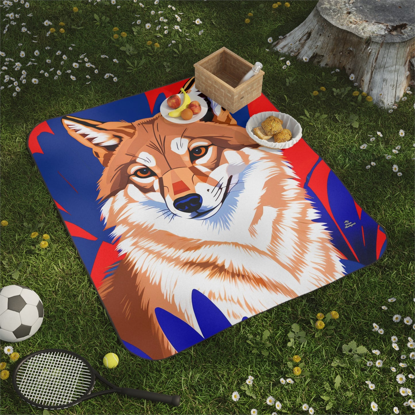 Outdoor Picnic Blanket with Soft Fleece Top and Water-Resistant Bottom - Coyote on Blue and Red