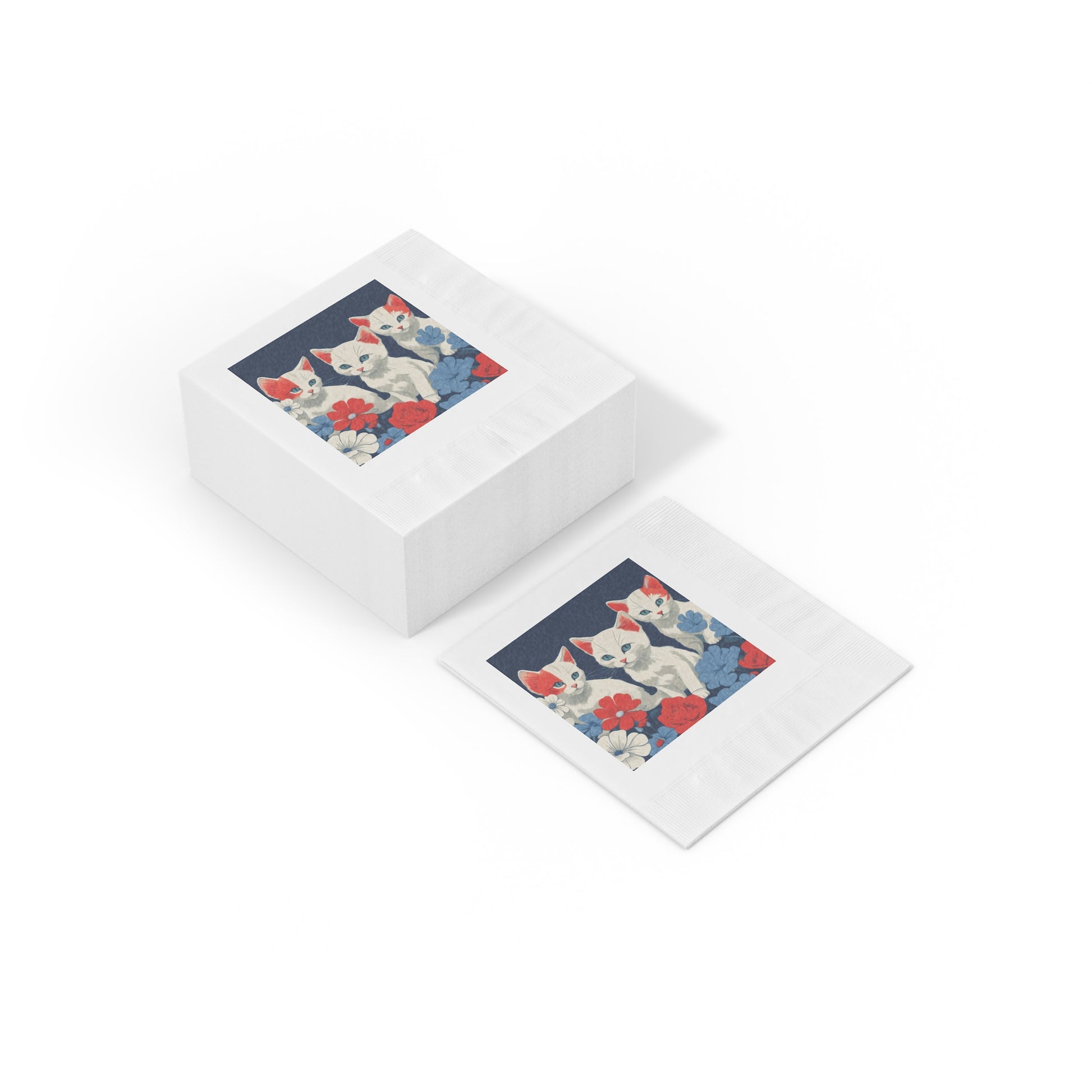 Cat Trio Floral Napkins — Cute Kittens Red White Blue Party Napkins, 2 sizes, Pack of 50 or 100