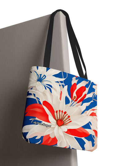 Red White & Blue Flowers Tote Bag with Cotton Handles For Everyday Use, 3 Sizes