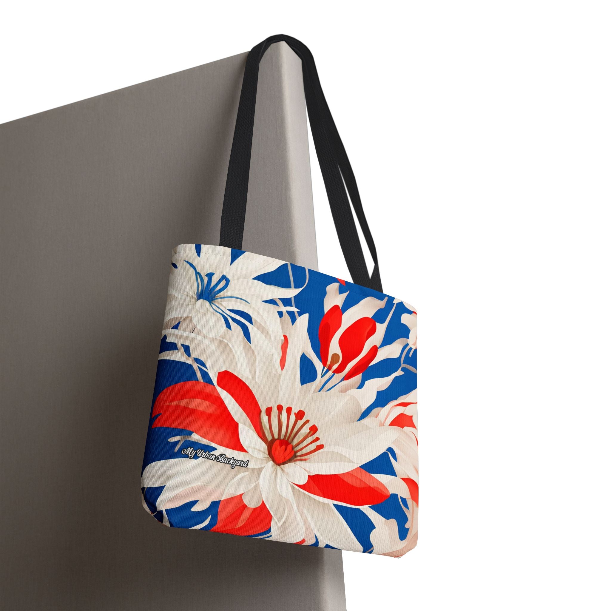 Red White & Blue Flowers Tote Bag with Cotton Handles For Everyday Use, 3 Sizes
