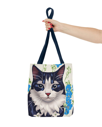 Cat and Blue Flowers Tote Bag with Cotton Handles For Everyday Use, 3 Sizes
