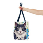 Cat and Blue Flowers Tote Bag with Cotton Handles For Everyday Use, 3 Sizes