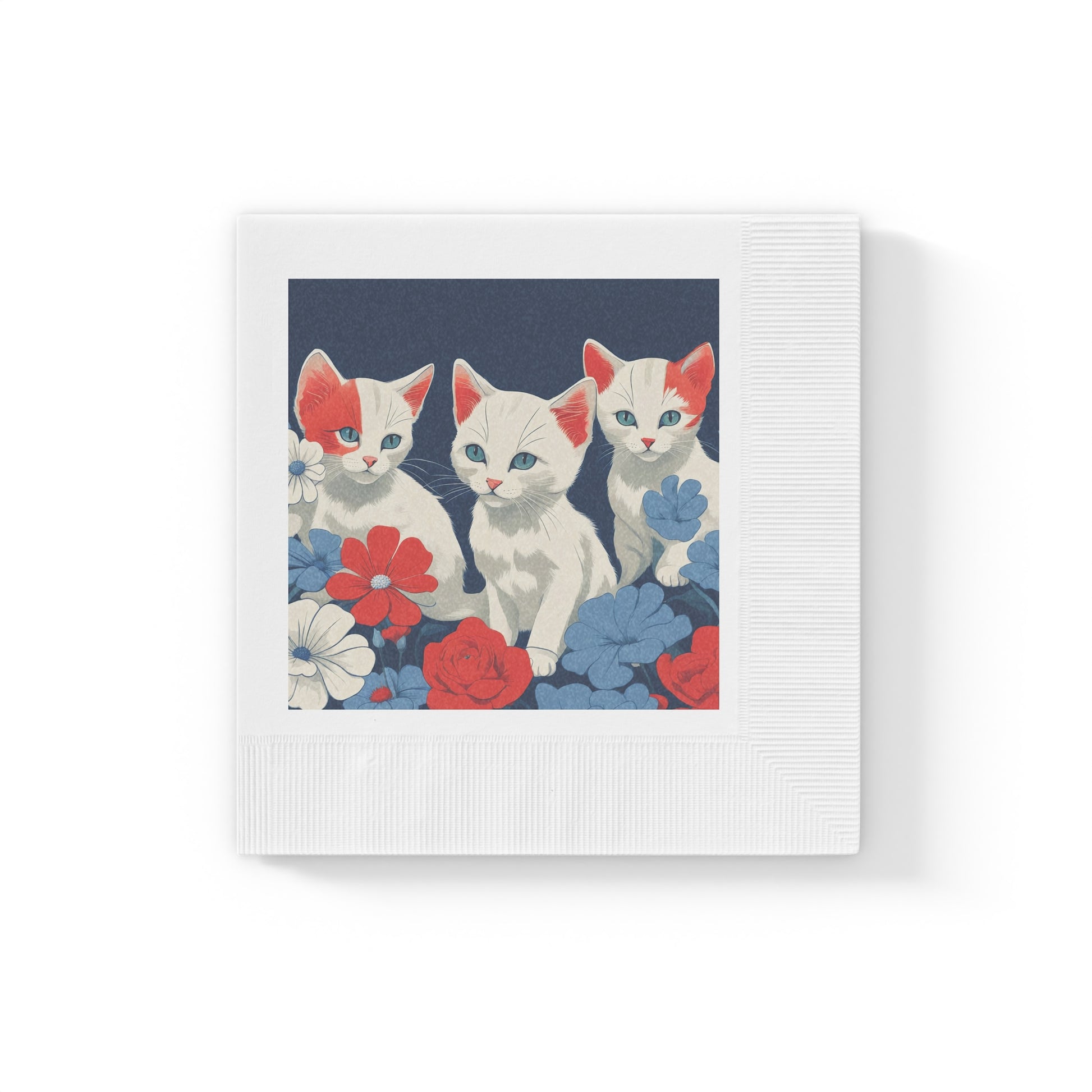 Cat Trio Floral Napkins — Cute Kittens Red White Blue Party Napkins, 2 sizes, Pack of 50 or 100