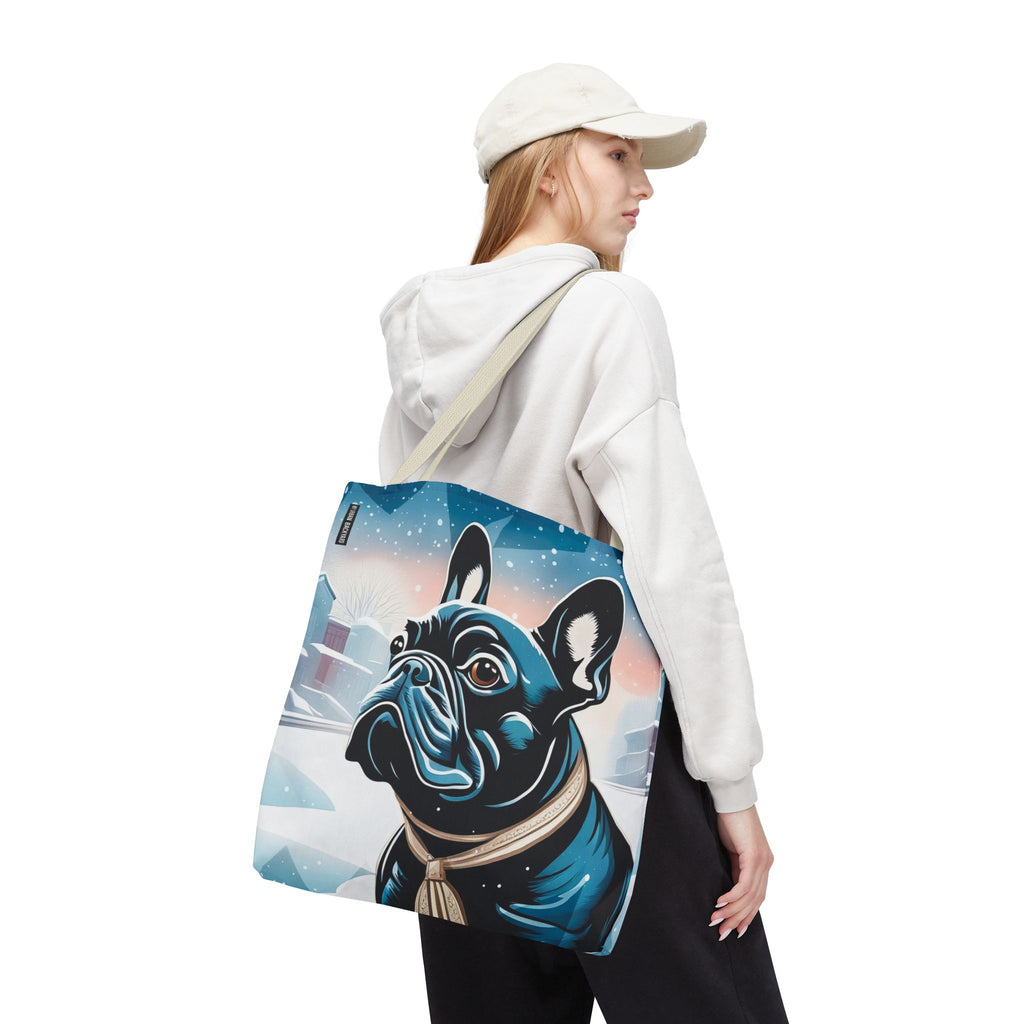 French Bulldog Winter Tote Bag — Snowy Pup All-Over Print Tote