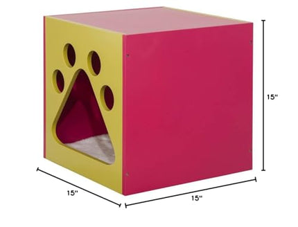 Elegant Home Fashions Cat Cuddle Box Pet House with Paw Design Mellow Green and Fuchsia Finish, PET-986
