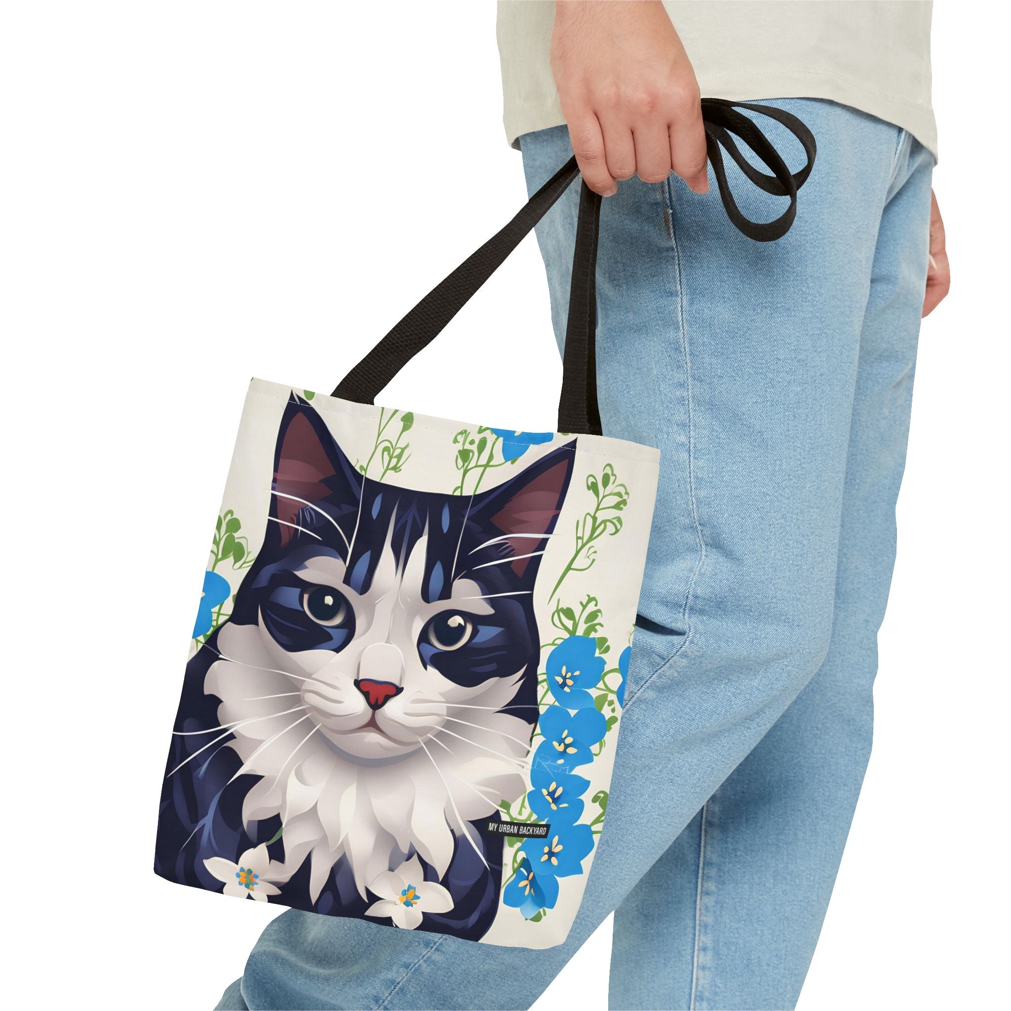 Cat and Blue Flowers, Tote Bag with Cotton Handles