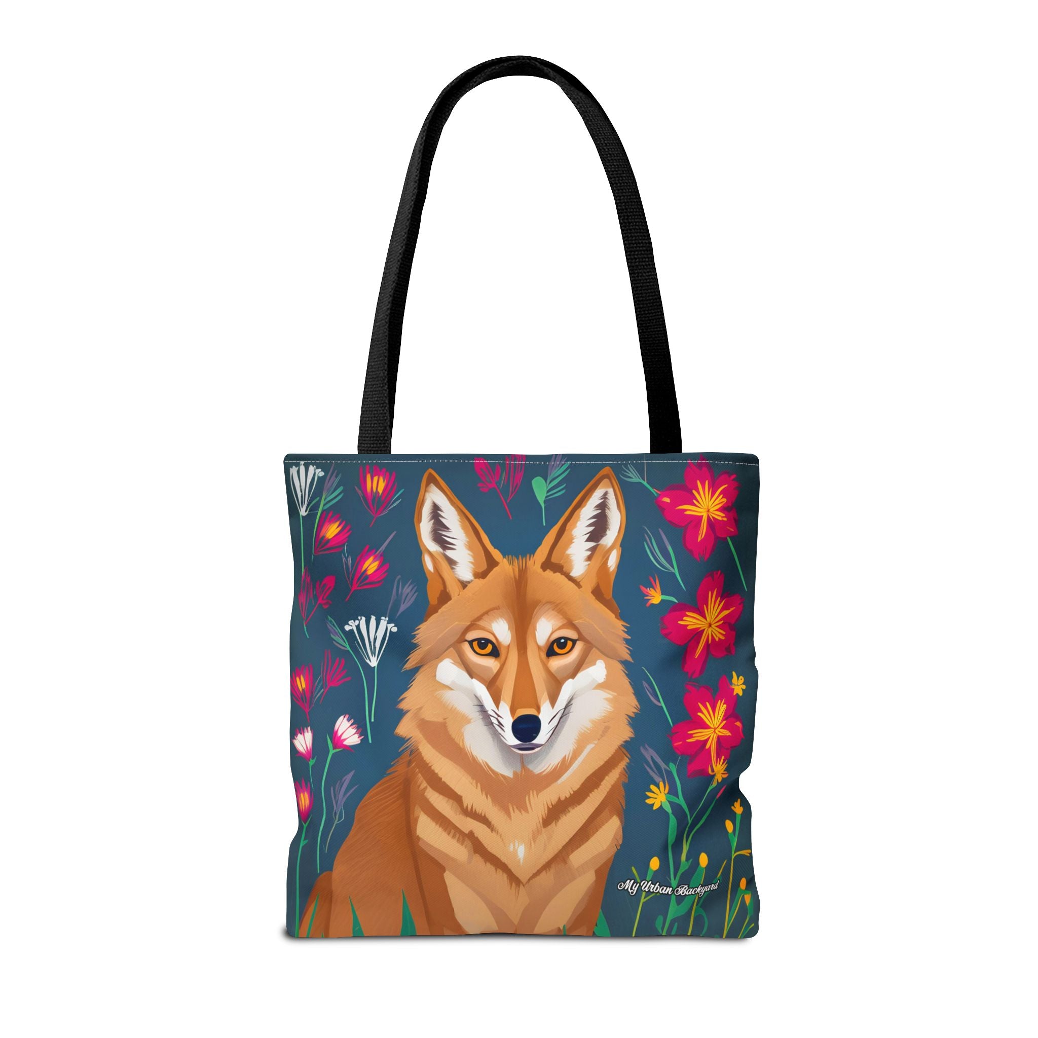 Coyote w Red Flowers Tote Bag with Cotton Handles For Everyday Use, 3 Sizes