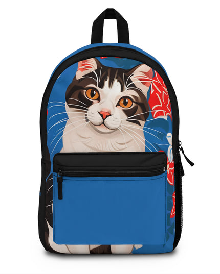 Cat with Red and White Flowers, Backpack with Computer Pocket and Padded Back
