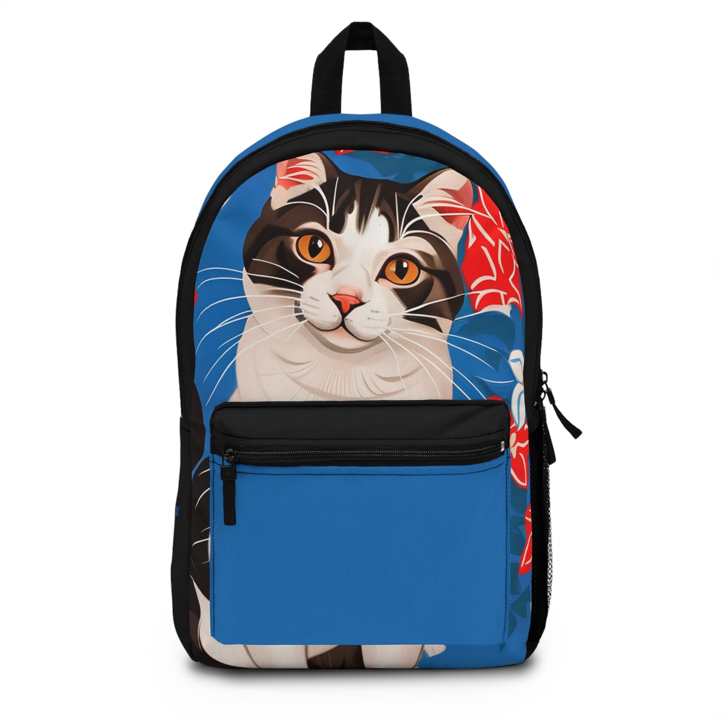 Cat with Red and White Flowers, Backpack with Computer Pocket and Padded Back