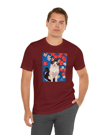 Cat with Red and White Flowers, Soft 100% Jersey Cotton T-Shirt, Unisex, Short Sleeve, Retail Fit