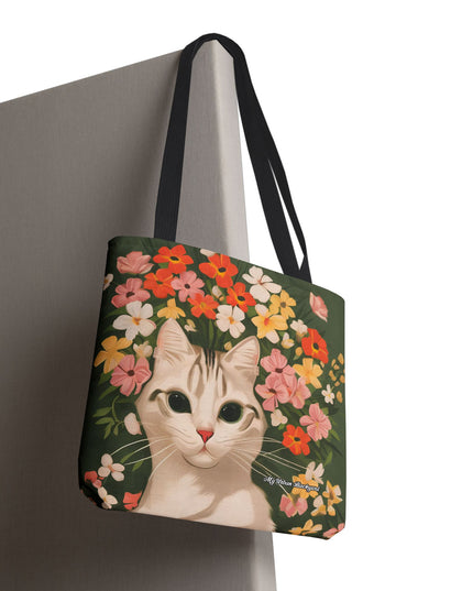 White Cat with Flowers Tote Bag with Cotton Handles For Everyday Use, 3 Sizes