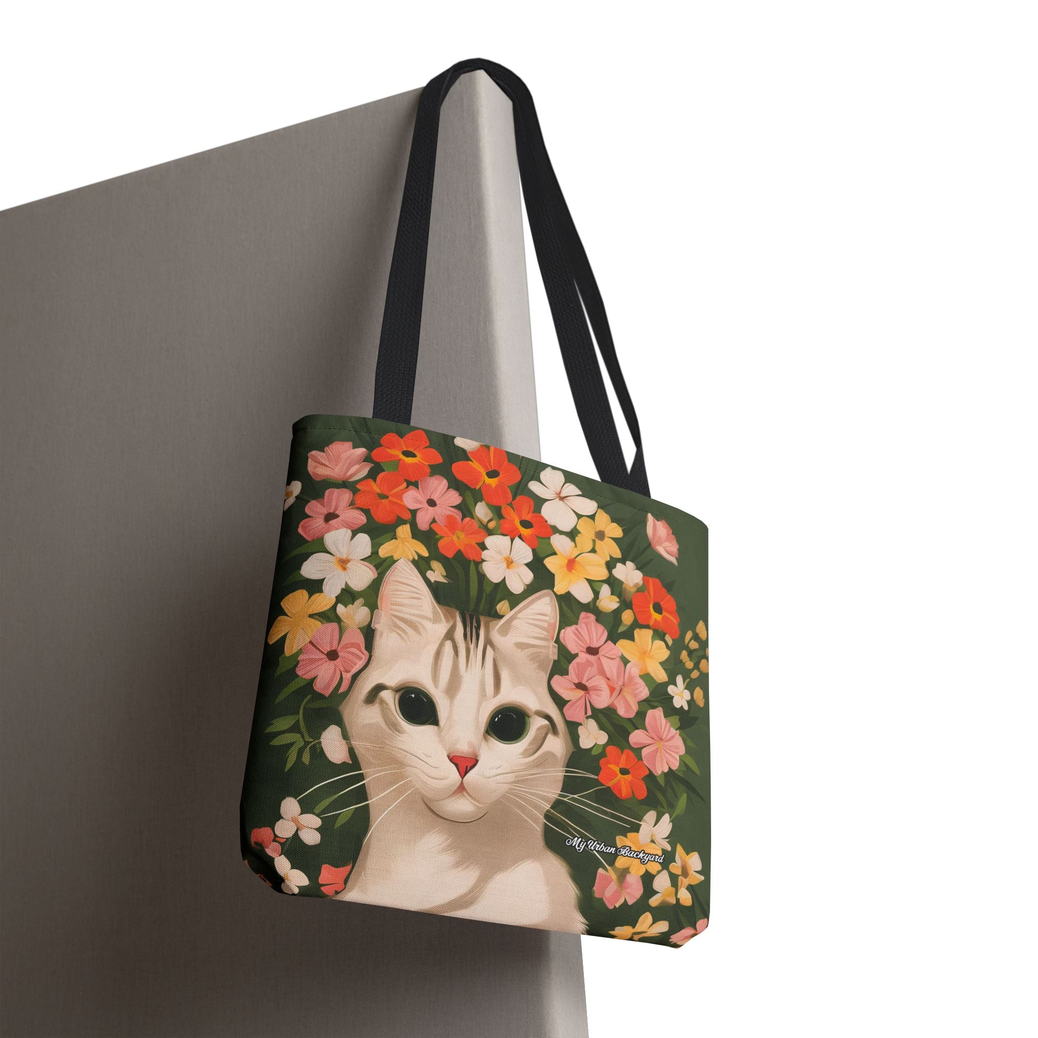 White Cat with Flowers Tote Bag with Cotton Handles For Everyday Use, 3 Sizes