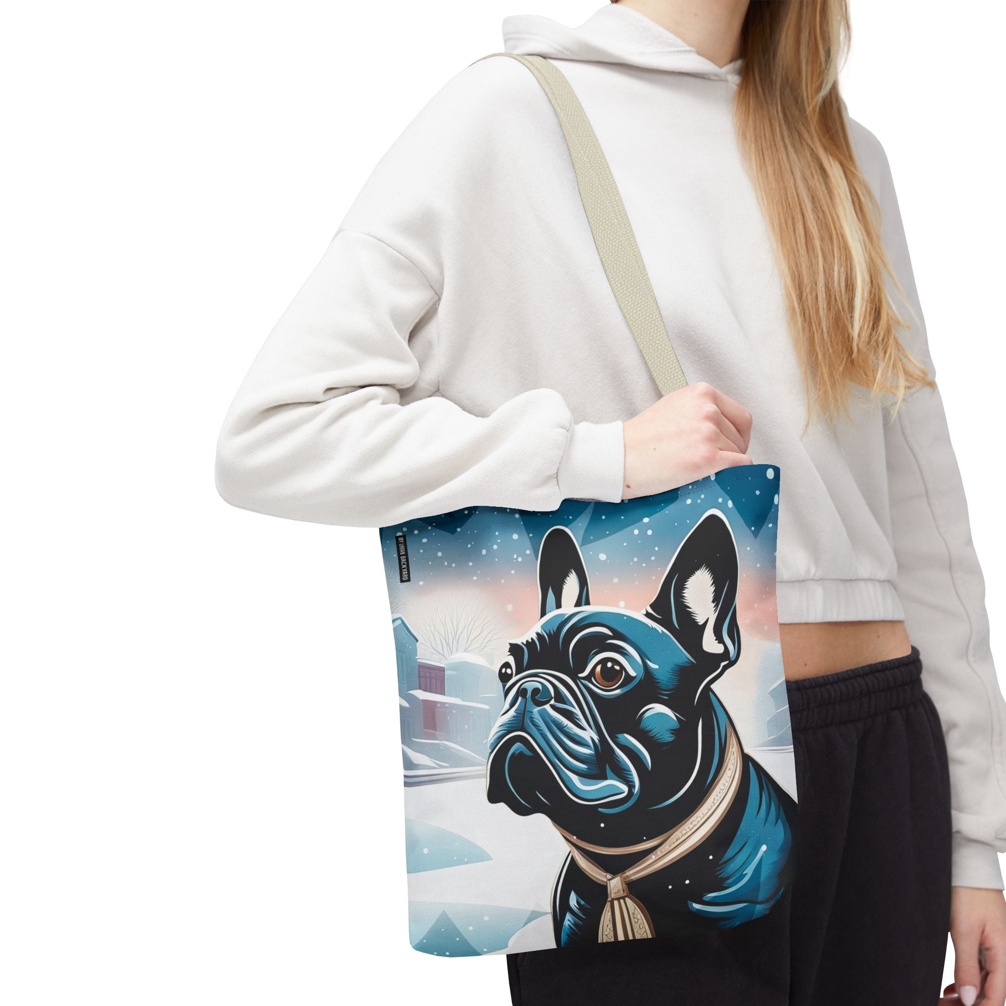 French Bulldog Winter Tote Bag — Snowy Pup All-Over Print Tote