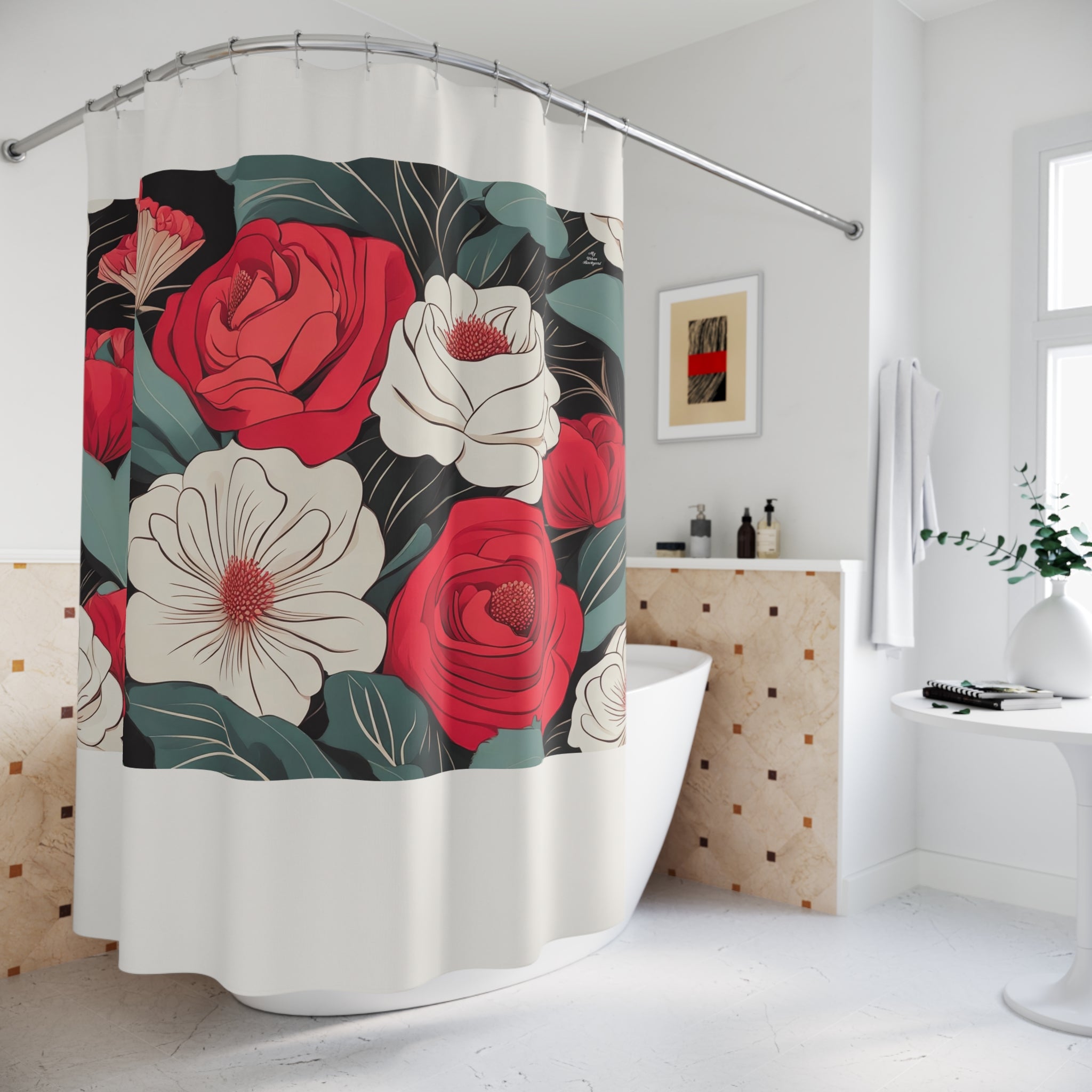 Cream Shower Curtain with Floral Shower Curtain, Gift for Her, Romantic Style - 71" x 74"