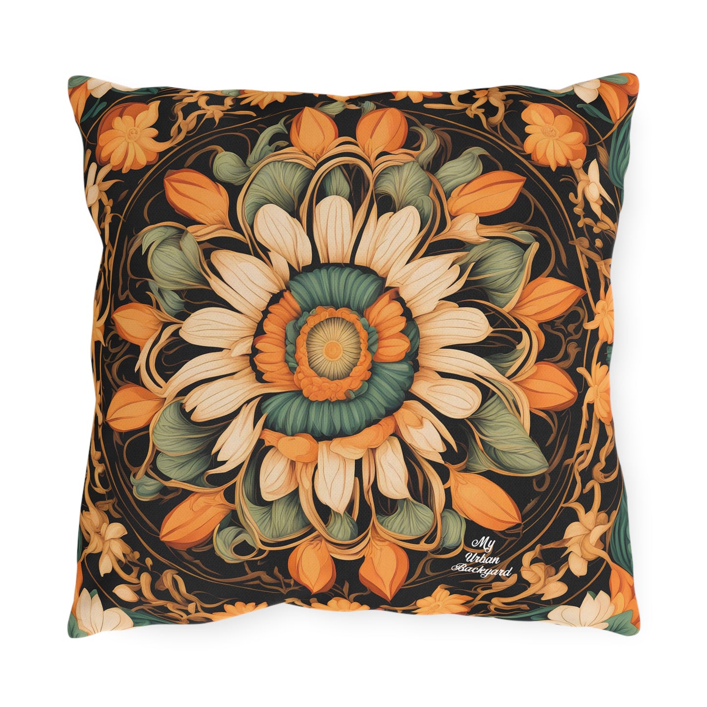 Circle of Petals, Sable accent color, Throw Pillow, Indoor/Outdoor Decor for Home or Office