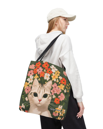 White Cat with Flowers Tote Bag with Cotton Handles For Everyday Use, 3 Sizes