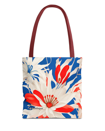 Red White & Blue Flowers Tote Bag with Cotton Handles For Everyday Use, 3 Sizes