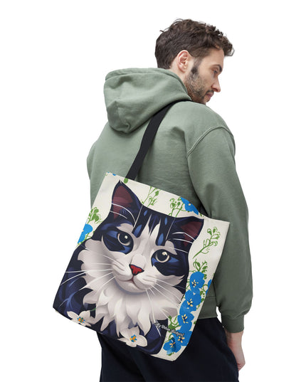 Cat and Blue Flowers Tote Bag with Cotton Handles For Everyday Use, 3 Sizes