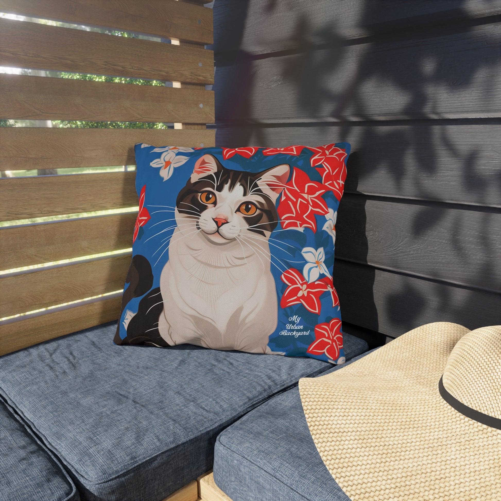 Cat w Red White + Blue Flowers, Taupe accent color, Throw Pillow, Indoor/Outdoor Decor for Home or Office