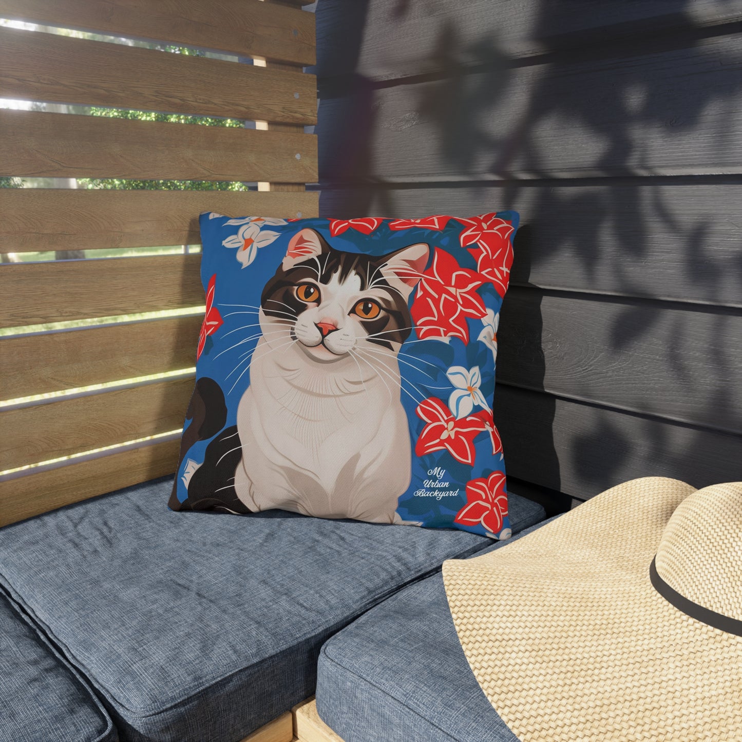 Cat w Red White and Blue Flowers, Taupe accent color, Indoor/Outdoor Throw Pillow, Decor for Home or Office