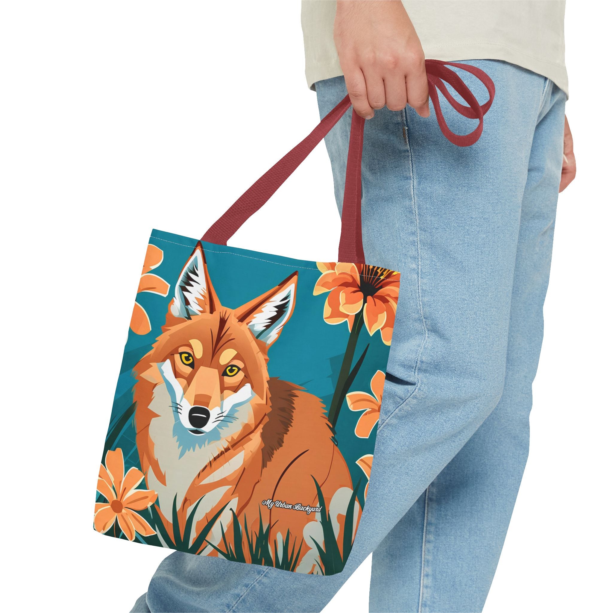 Coyote with Flowers Tote Bag with Cotton Handles For Everyday Use, 3 Sizes