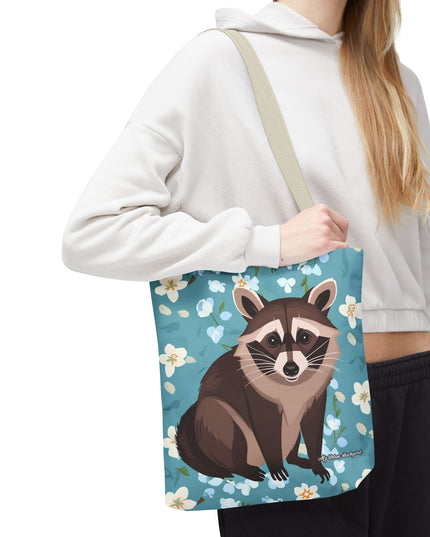 Young Raccoon w Flowers Tote Bag with Cotton Handles For Everyday Use, 3 Sizes