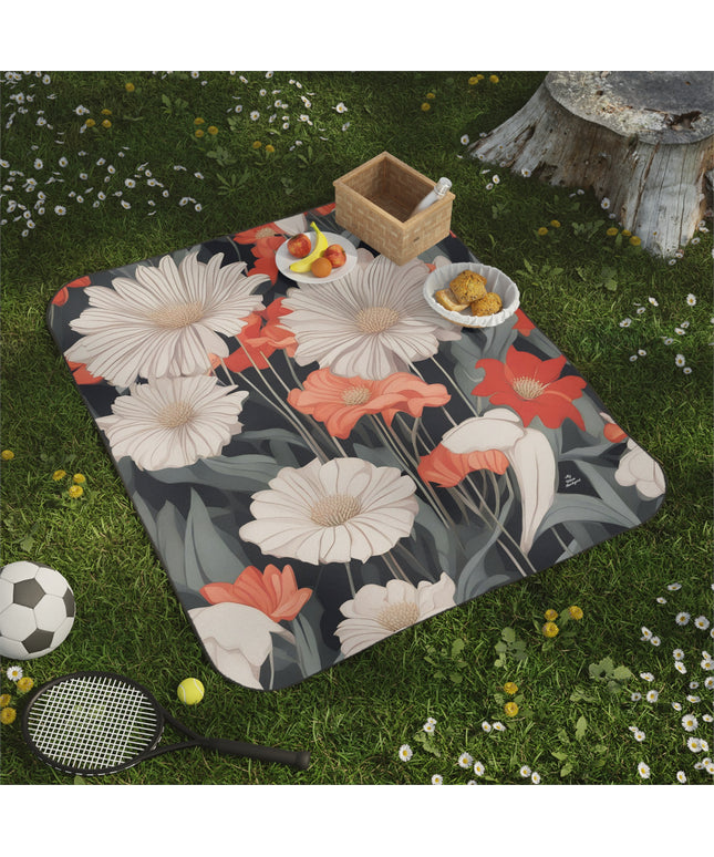 Art Deco Flowers, Cozy Outdoor Picnic Blanket, Water-Resistant Bottom, 51" × 61"