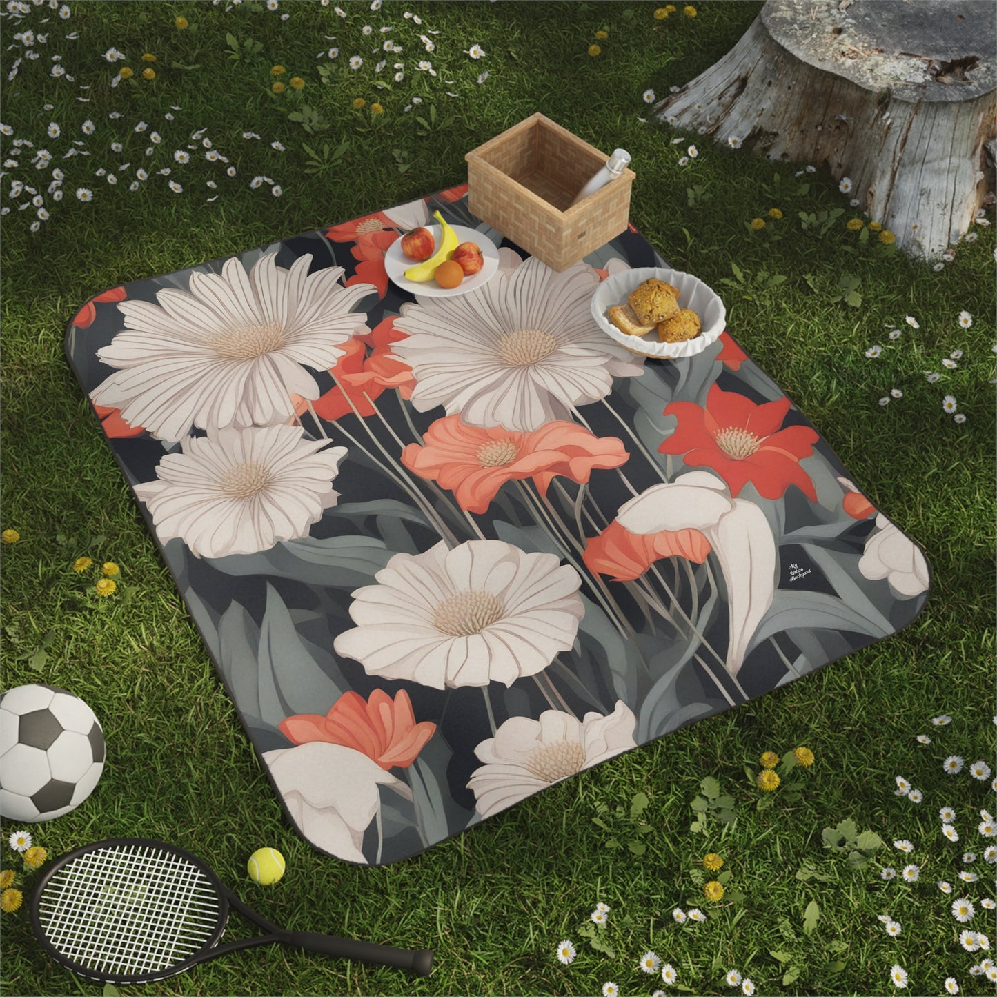 Outdoor Picnic Blanket with Soft Fleece Top and Water-Resistant Bottom - Art Deco Flowers