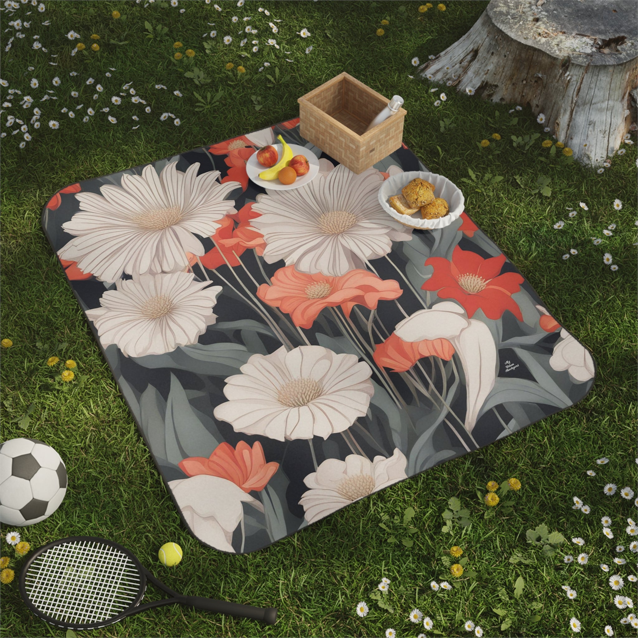 Art Deco Flowers, Cozy Outdoor Picnic Blanket, Water-Resistant Bottom, 51" × 61"