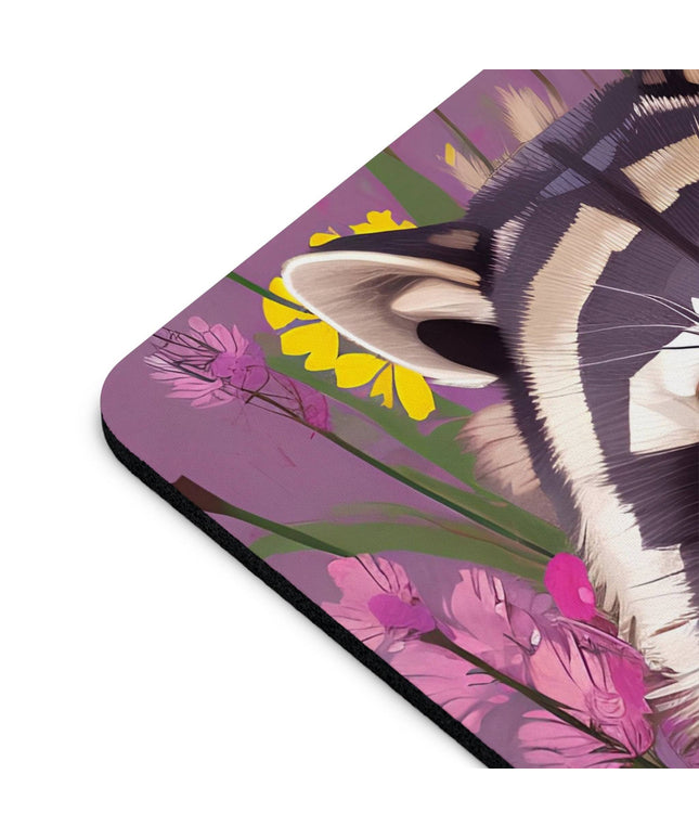 Computer Mouse Pad, Non-slip rubber bottom, Raccoon and Flowers