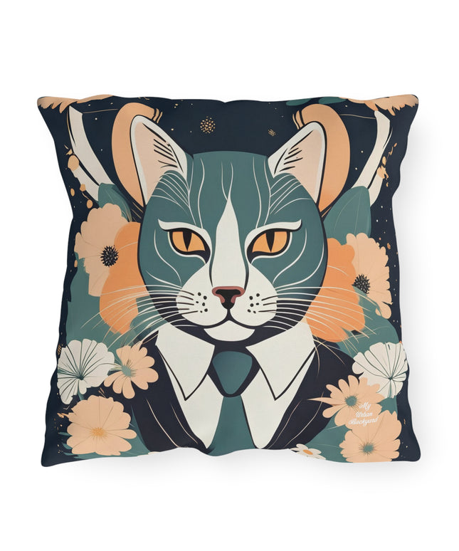 Simon Whiskerford, Faded Jade accent color, Cat Throw Pillow, Indoor/Outdoor Decor for Home or Office