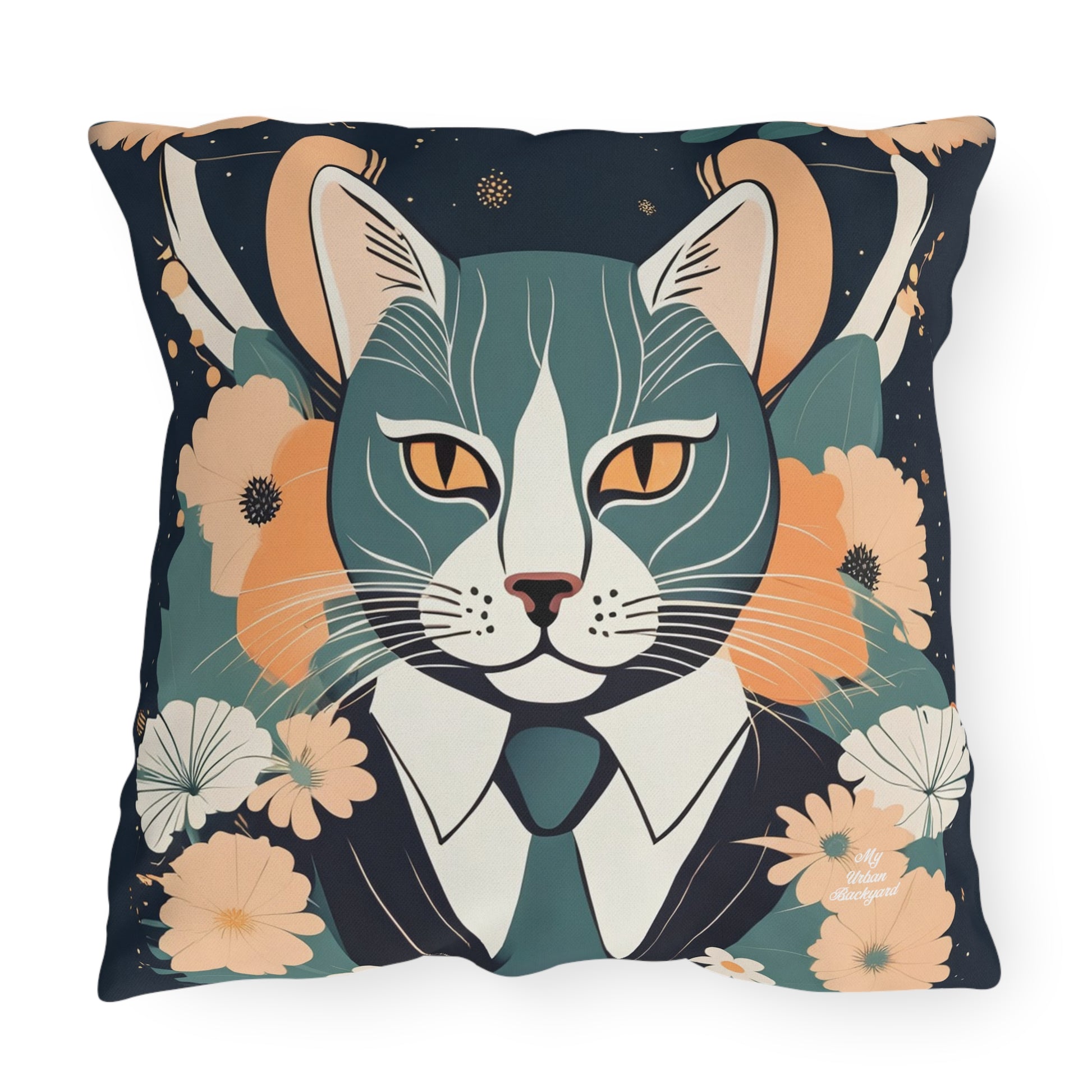 Simon Whiskerford, Faded Jade accent color, Cat Throw Pillow, Indoor/Outdoor Decor for Home or Office